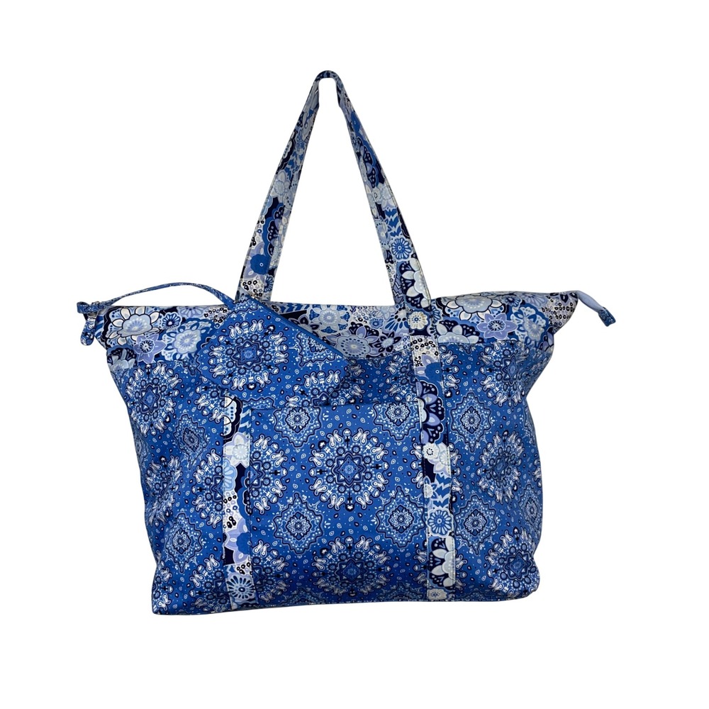 Talbots Blue White Bandana Paisley Coated Cotton Zip Tote Bag with‎ Pouch